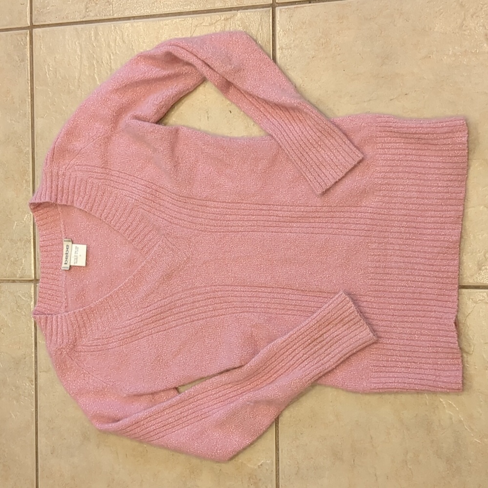 Bebe Pink Angora Rabbit Hair Blend V-Neck Sweater Size Medium